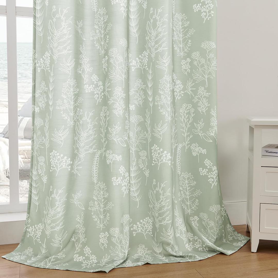 Bohoman Sage Green Floral Curtains Privacy with Light Filtering, Non-See-Through Semi Floral Curtain Drapes Vintage & Rustic for Farmhouse Bedroom Living Room (W52 x L108, 2 Panels)