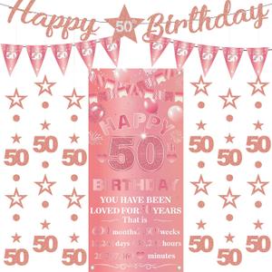 50th Birthday Decorations Banner Women - 9 Pcs Rose Gold Happy 50th Bday Backdrop Number 50 Star Hanging Garland Streamers Triangle Flag Party Supplies for Adult Cheers Fifty Year Old Decor