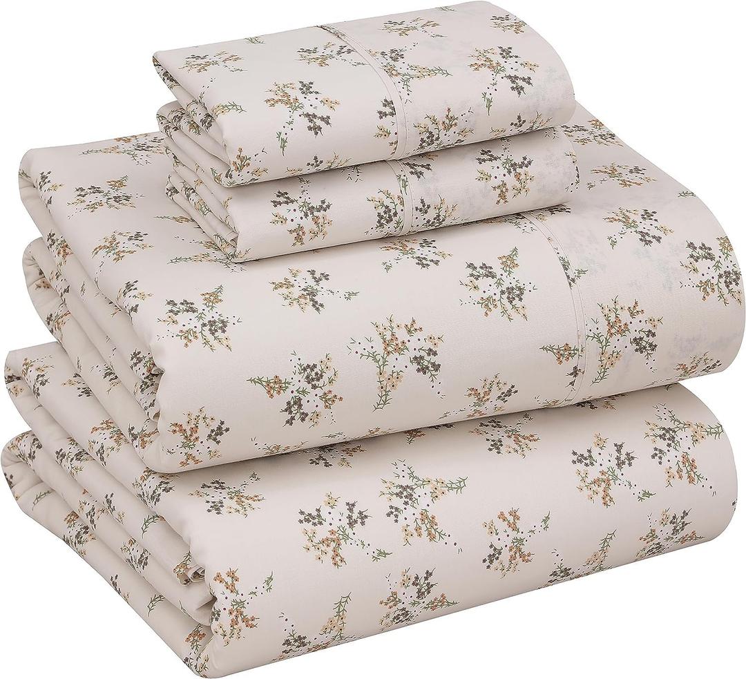RUVANTI 100% Cotton Sheets Queen Size Set, 4 Pieces, Soft & Breathable Percale Weave Bedding, Deep Pocket 16", Hotel Standard, Crisp Cool Feeling, Durable, Perfect Floral Bed Sheet, Twin Spring