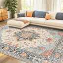 Area Rugs 9'x12' Washable Non-Slip, Floral Vintage Distress Print Pattern Medallion Carpet for Living Room Bedroom Dining Room, Beige Navy Blue Orange Colorful