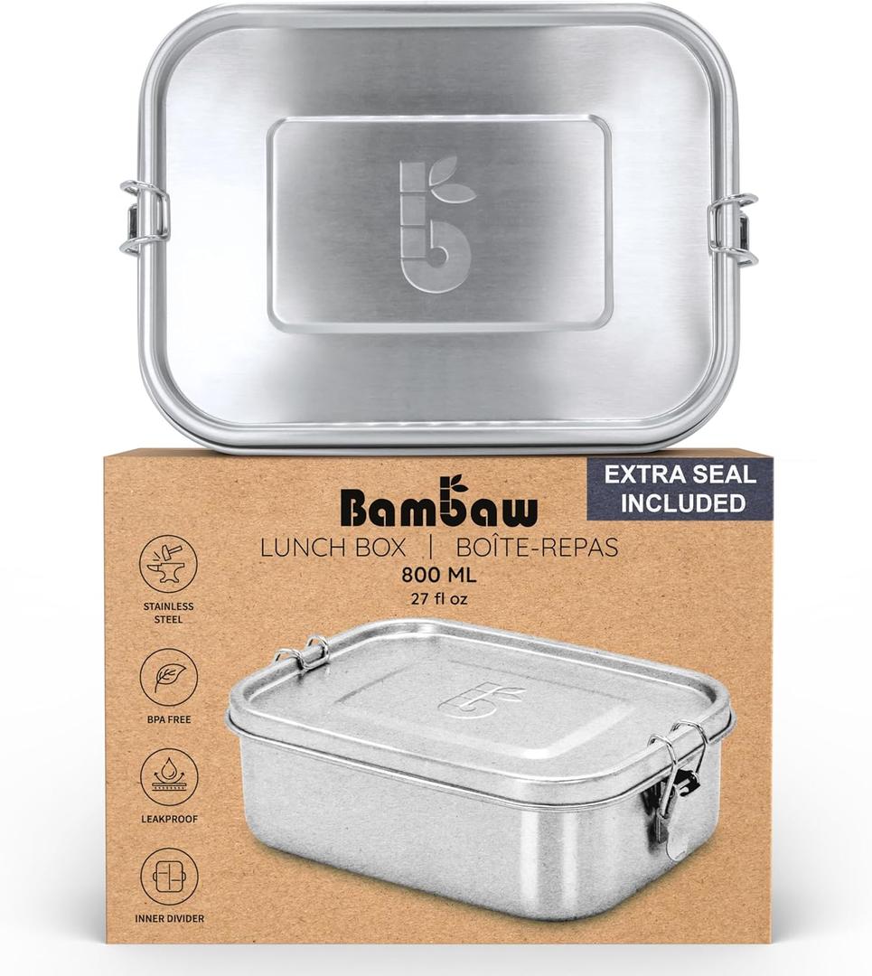 Bambaw Stainless Steel Bento Box 27 oz, Metal Lunch Box with Compartments, Leakproof Stainless Steel Lunch Container, BPA free Dishwasher Safe Metal Lunchbox