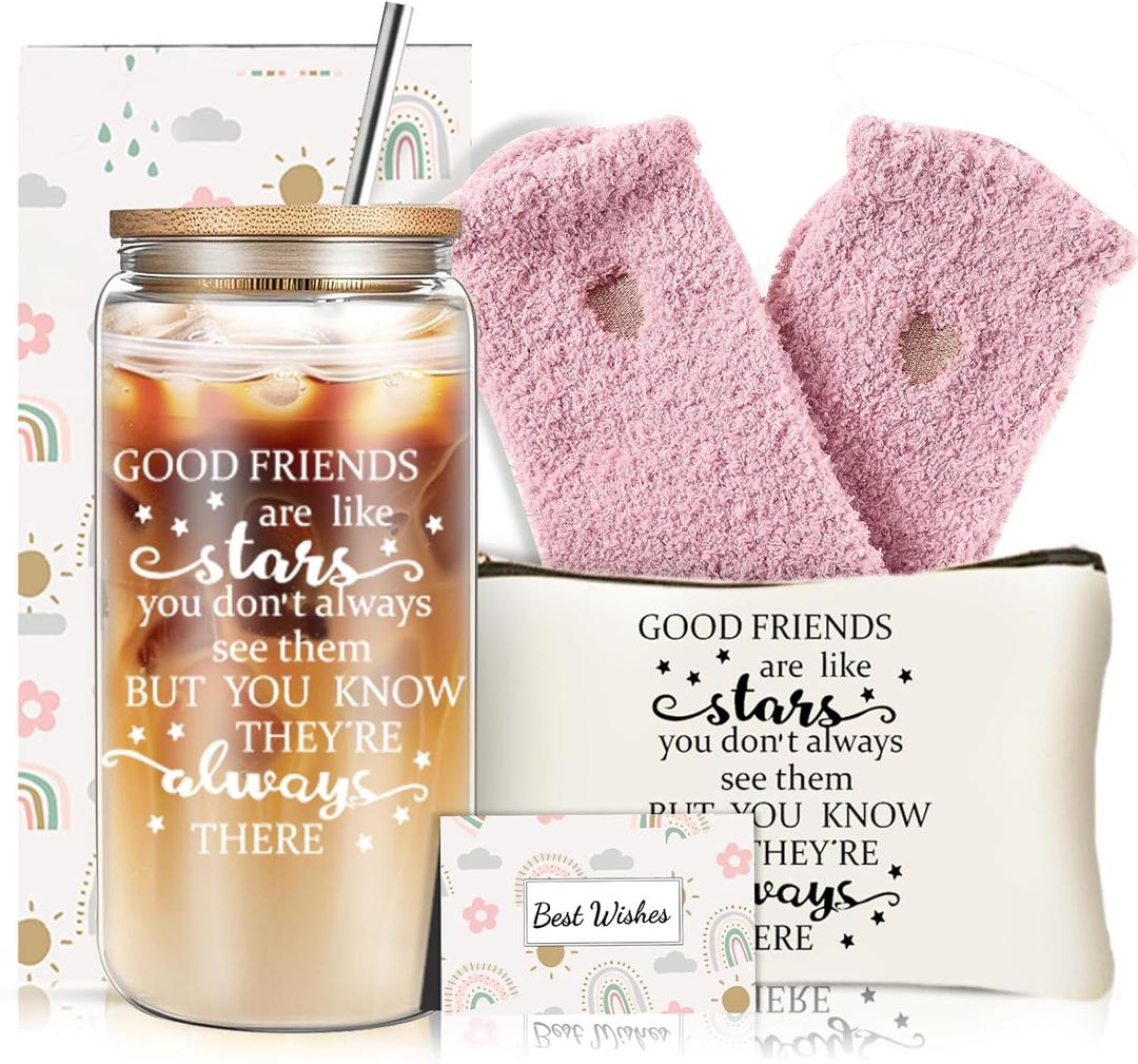 Unique Friendship Gifts for Women, Best Friend Birthday Gifts for Women, BFF, Sister, Bestie, 16OZ Glass Cup Christmas Gift Set with Makeup Bag