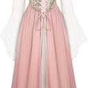 Scarlet Darkness Women Renaissance Costume Floral Lace Up Bell Sleeve Peasant Medieval Fairy Dress (16, Lotus)