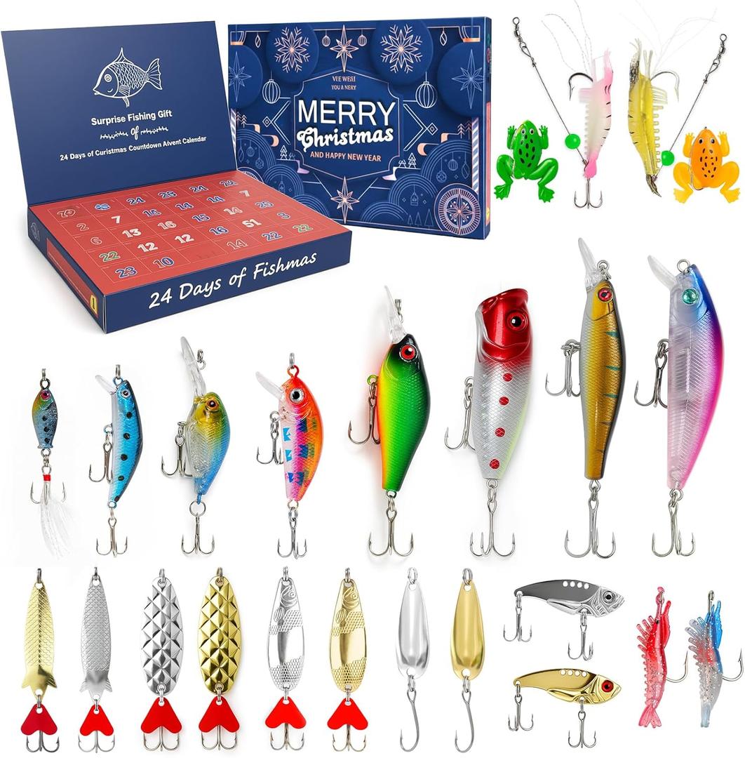 Fishing Advent Calendar 2025-24 Days of Christmas Countdown Calendar with Fishing Lures Set for Fisher Adult Men Teen Boys, for Dad Men