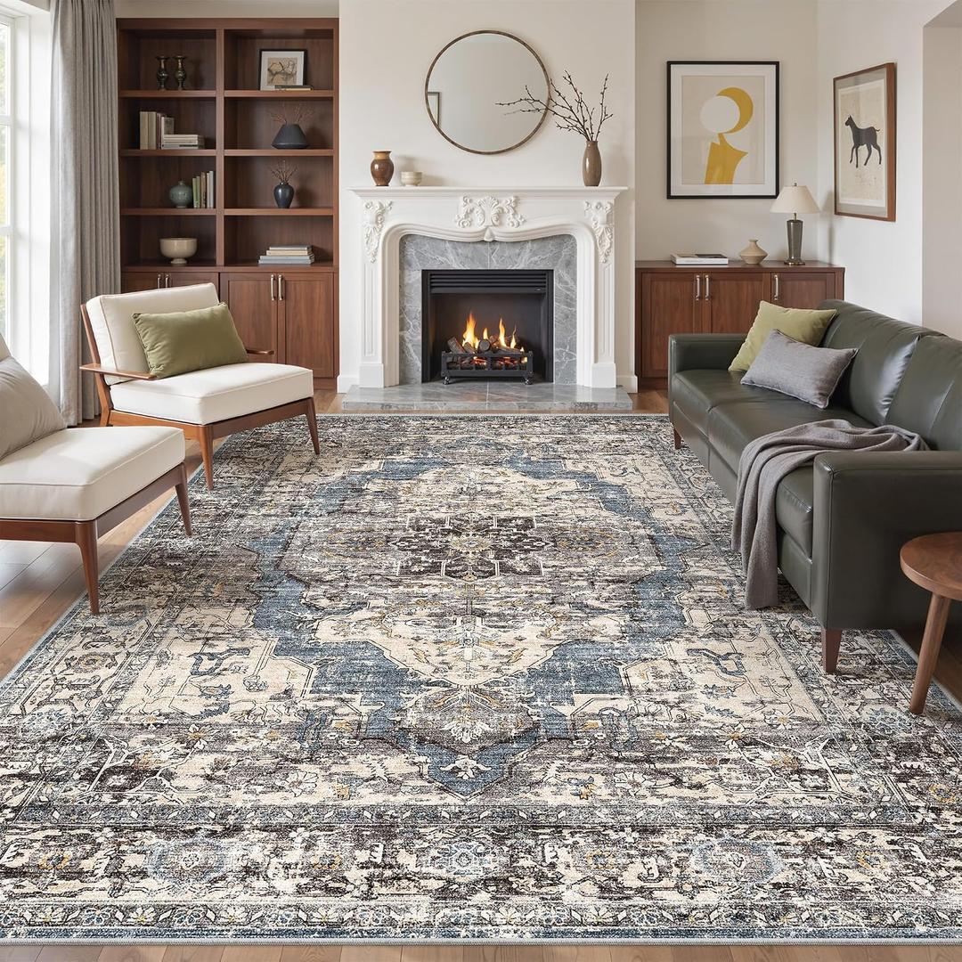 befbee 8x10 Area Rugs for Living Room, Stain Resistant Neutral Washable Rugs for Dining Room, Floral Vintage Non-Slip Thin Large Size Area Rug (Blue/Black)