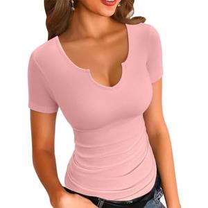VICHYIE Womens Tops V Neck Summer Short Sleeve Casual Slim Fitted Tshirt Size S