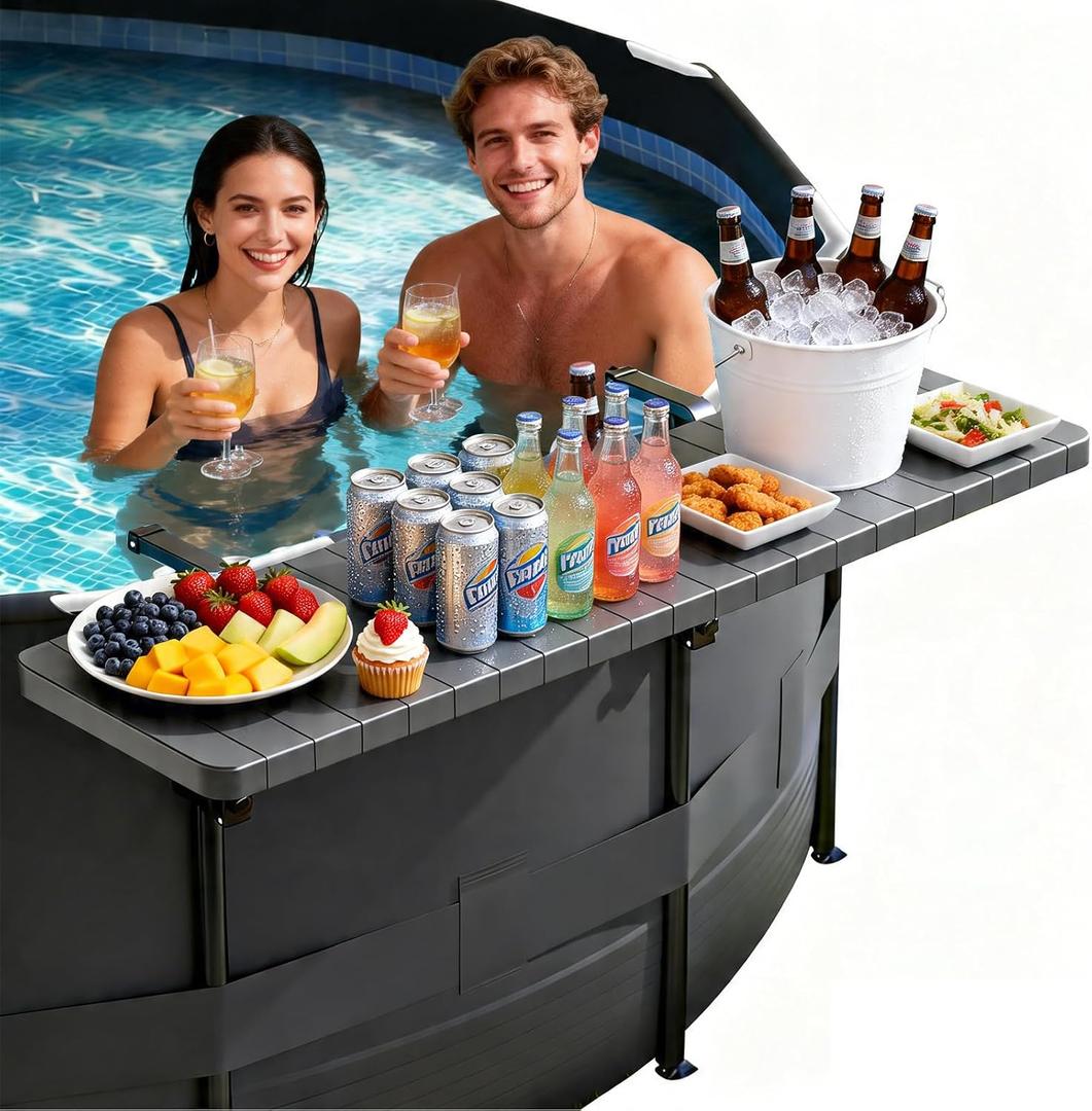 clicliet Pool Bar & Pool Side Table, Pool Accessories for Above Ground Pool | Upgrade Portable Poolside Table with 49"×9.6" Rust-Free ABS Top, Fits 4.4" or Less Top Rail, Holds 110 lbs for Frame Pools