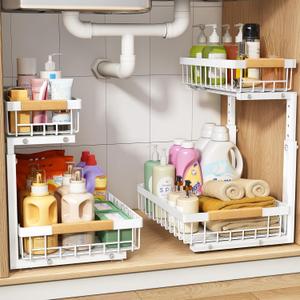 PXRACK 2 Pack Under Sink Organizer, Adjustable Height,2 Tier Pull Out Under Cabinet Organizer, Slide Out Thickened Metal Under Sink Storage for Kitchen Bathroom Laundry Cabinet Pantry, White(L)