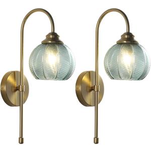 KCO Lighting Brushed Gold Wall Sconce Light Set of 2 Vintage Green Glass Wall Sconce Modern Globe Bathroom Vanity Light Fixture for Stair Corner Hallway