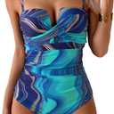 Eomenie Women's Push Up Wrap Front Swimsuit One Piece Tummy Control Bathing Suits Bandeau Support Slimming Swimwear (Medium, Purple and Blue Printed)