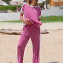 EXLURA Womens Summer 2 Piece Outfits Color Block Short Sleeve Tops Tracksuit Wide Leg Pants Matching Set Lounge Sets 2025 (Brown)