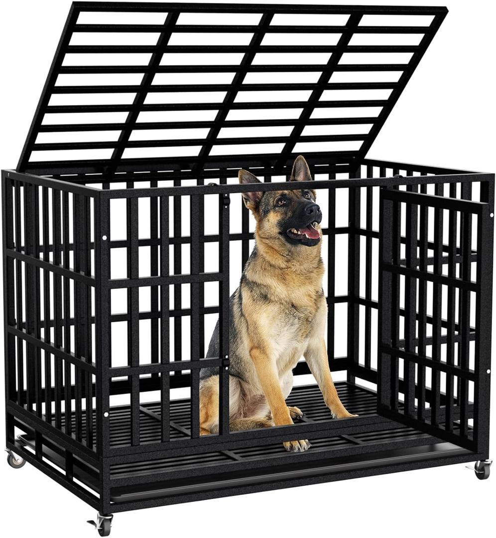 48 Inch Heavy Duty Dog Crate Kennel with Wheels, High Anxiety Indestructible Dog Crates for Large Dogs, XL XXL Extra Large Dog Crate with Removable Plastic Tray, Two Locks (Black, Square) (47.2"L x 30.7"W x 35.0"H)