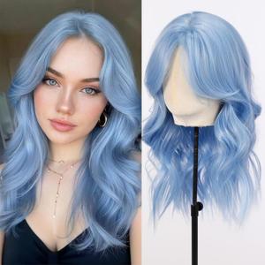 testar Blue Middle Part Bob Wavy Wigs for Women Heat Resistant Medium Length Synthetic Wigs 20 Inch for Daily Use