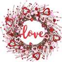 Waipfaru 20in Valentines Wreaths for Front Door, Valentine Wreath with Love Sign, Wreath with Red Wooden Heart Berries, Valentines Day Decorations