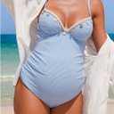 OYOANGLE Women's Maternity One Piece Swimsuits Textured Shell Decor V Neck Pregnancy Bathing Suit, Baby Blue, Small