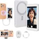 Vlog Selfie Monitor Screen for iPhone 17 Series & Android,Built-in Speaker,Wireless & Wired Magnetic 4K/1080P Phone Back Camera Monitor with Remote Control for Live Stream TikTok (White)