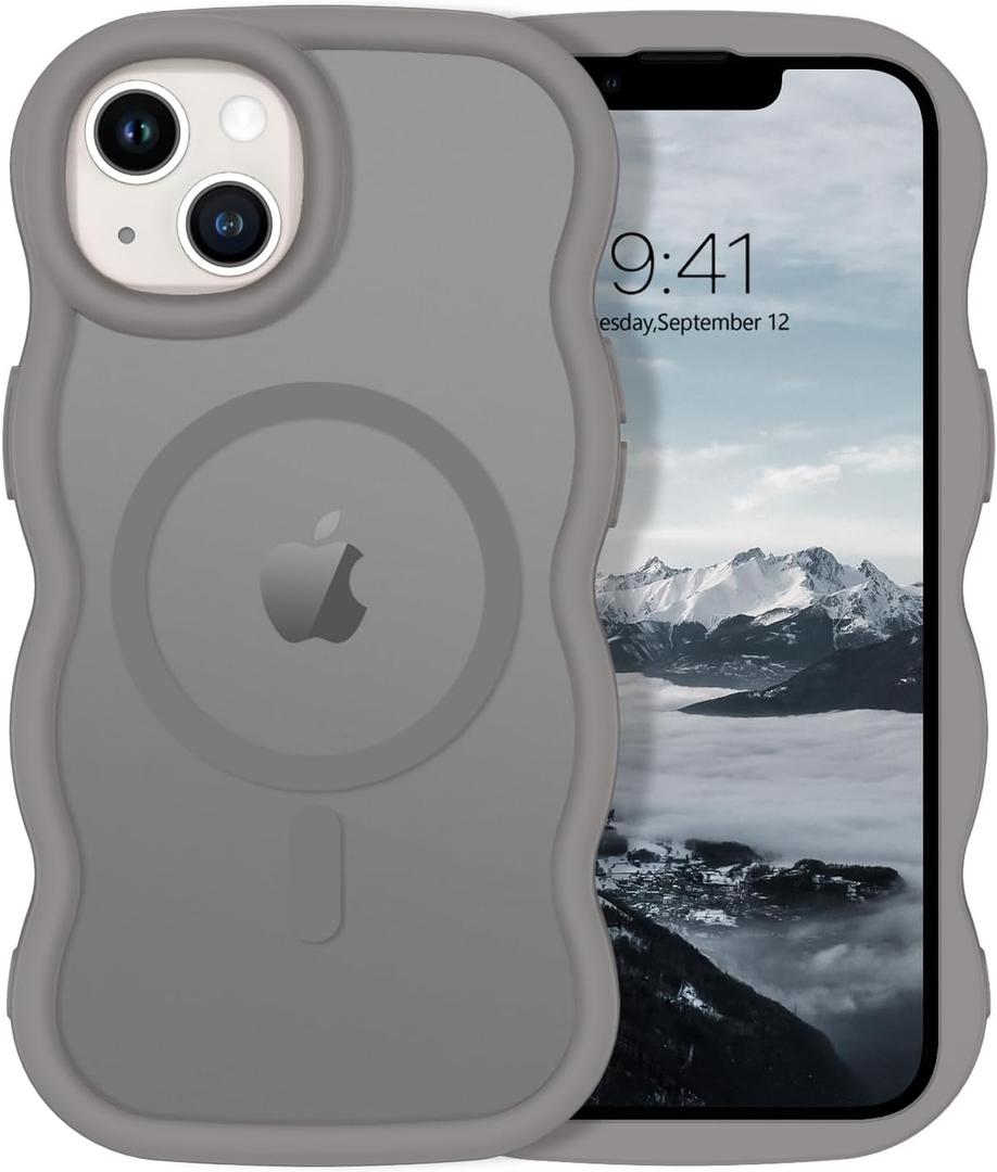 GUAGUA for iPhone 15 Plus Magnetic Case, Cute Curly Wave Shape Design iPhone 14 Plus Case Compatible with MagSafe Translucent Matte Wavy Phone Case iPhone 14 Plus/15 Plus 6.7'' for Girls Women, Grey