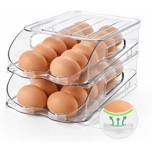 SMRCAD Egg Holder for Fridge, Automatic Steady Rolling Egg Container with Soft Bumpers & Handle for Refrigerator, Stackable Fridge Organizers and Storage with Lid ((M SIZE) 2 Tier Holder 24 Eggs)