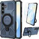 Vaki for Samsung Galaxy S25 FE Case with Tempered Glass Screen Protector, Heavy Duty Military Grade Shockproof Protective Cover 360 Ring Magnetic Kickstand Cell Phone Case for Samsung S25 FE (Blue)