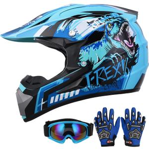 OUMURS Youth Dirt Bike Helmet DOT Approved, Kids Full Face Motocross Helmet | 5-in-1 with Goggles,Gloves,Storage Bag,Exclusive Design,Ultra-Light, Washable Liner,ATV UTV BMX MX Off-Road Racing, Medium, Dino Blue