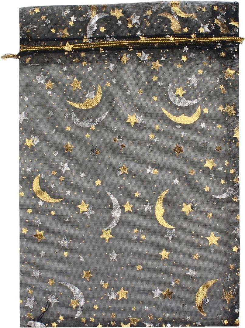 100 Moon Star Organza Jewelry Gift Pouch Candy Pouch Moon Drawstring Wedding Favor Bags AUG (5x7 inch, black)