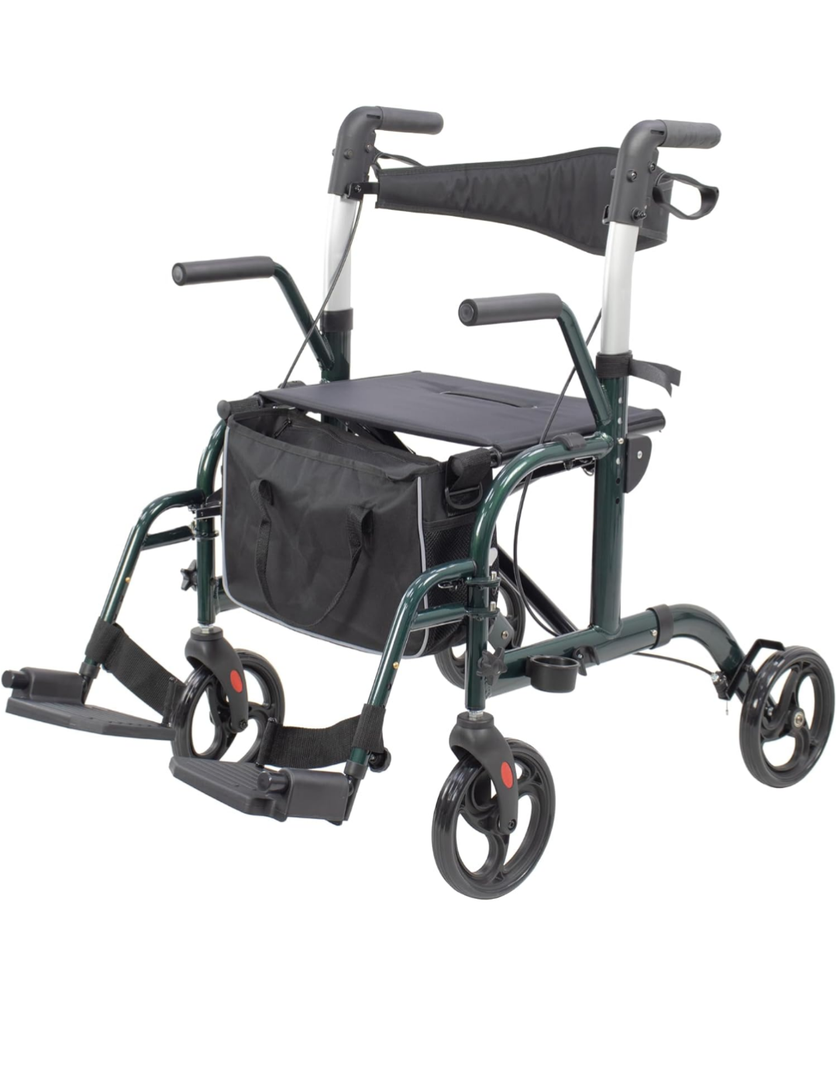 WINLOVE 2 in 1 Rollator Walkers for Seniors with Padded Seat- Medical Transport Chair Walker with Adjustable Handle and Reversible Backrest Green
