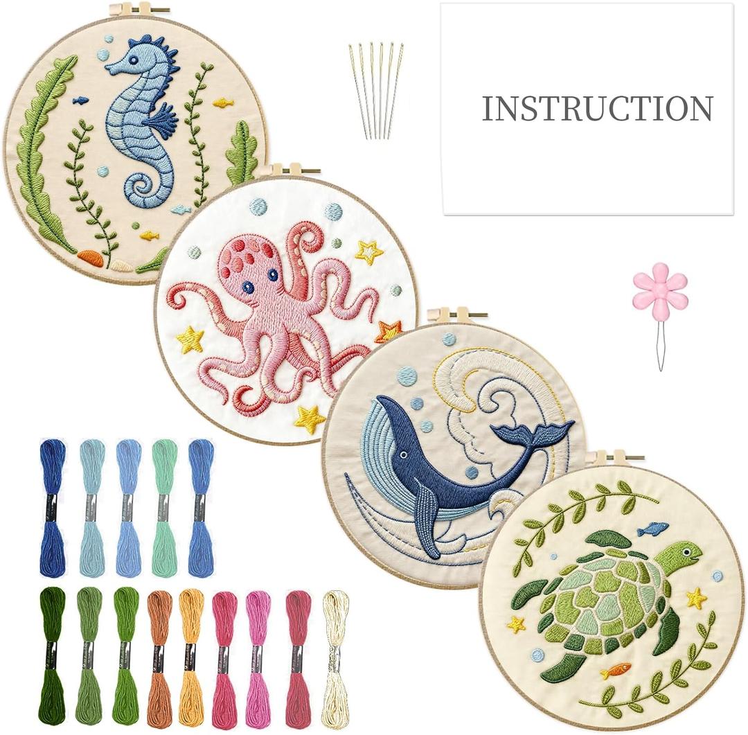 INFUNLY 4 Sets Embroidery Kit for Beginners with Sea Animals Pattern DIY Embroidery Kit for Adults Ocean Embroidery Art Kit Turtles/Seahorses/Octopuses/Whales Cross Stitch Kit with Embroidery Hoops