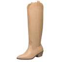 festooning Women's Knee High Boots Pointed Toe Inner Zipper Western Cowboy Boots Pull On Chunky Heel Wide Calf Tall Boots for Ladies (Beige, 9)