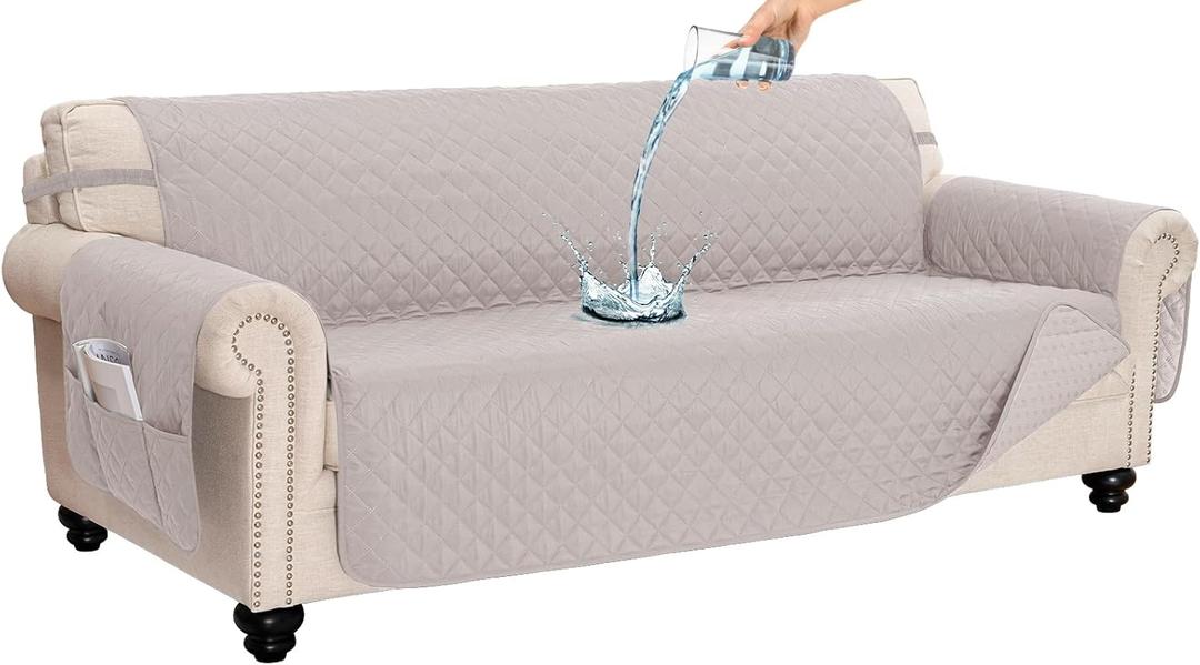100% Waterproof Couch Cover for Dogs Washable Anti Slip Dog Couch Covers Protecter 3 Cushions Sofa Slipcover with Pockets (78" Sofa, Beige)