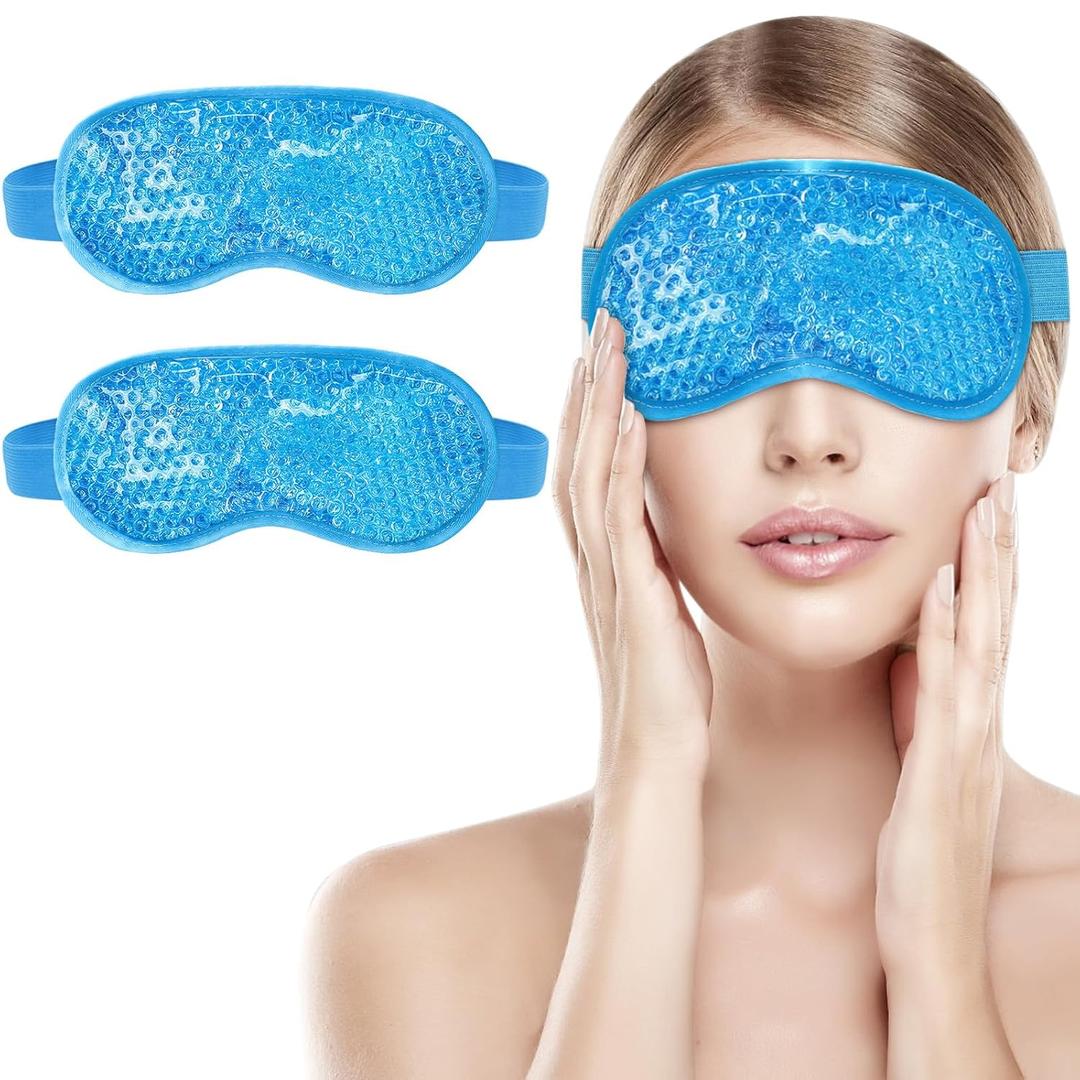 2Pack Cold Cooling Eye Mask, Reusable Hot Colder Therapy Gel Bead with Plush Backing for Puffiness Migraine Stress Relief Skin Care Dry Eyes (2pcs Blue)