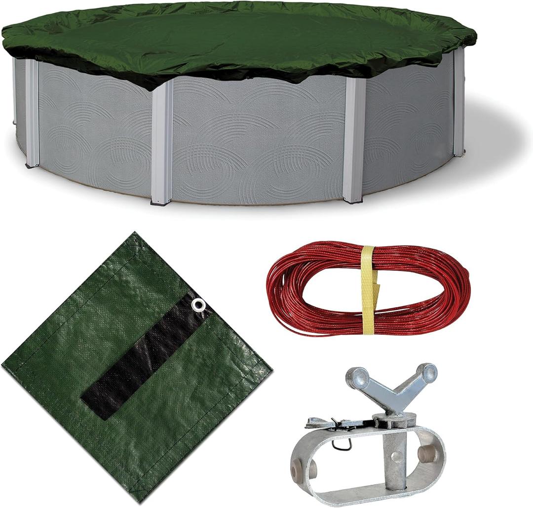 Blue Wave Silver 12-Year 28 ft Round Above Ground Pool Cover for Winter  Durable & Weather-Resistant Polyethylene  4 ft Overlap, Black Underside, Reinforced Grommets, Winch, Cable  Forest Green