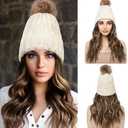 REECHO Warm Knitted Beanie Hat with 12" Beach Wavy Hair Extension - Beige, Medium Brown with Highlights