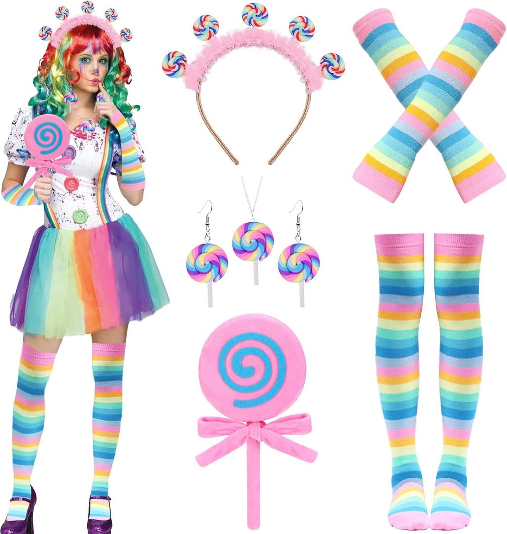 Galentine's Day Candyland Costume Accessories Headband Sweet Rainbow Necklace Lollipop Earrings Jombo Handheld Candy Gloves Tights for Candy Theme Cosplay Accessories