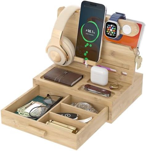 Vdamu Phone Docking Station for Men - Desk or Nightstand Organizer with Drawer - Birthday Gifts for Husband, Dad, Boyfriend, Him - Wooden Charging Station for Phone Watch Key Holder Wallet (Wood)