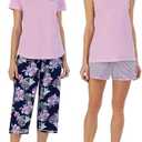 Carole Hochman Women's 4-Piece 100% Cotton Pajama Set – V-Neck T-Shirt, Tank, Capri Pants & Shorts with Drawstring & Pockets M