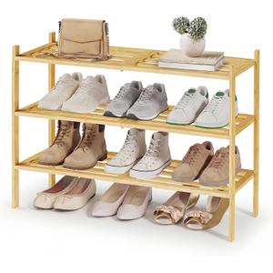 SONGMICS Bamboo Shoe Rack for Closet, Stackable Shoe Oragnizer with Modular Structure, Space-Saving Free Standing Shelf for Entryway Bedroom, 3-Tier, Holds 12-16 Pairs, Natural Color ULBS053YL01