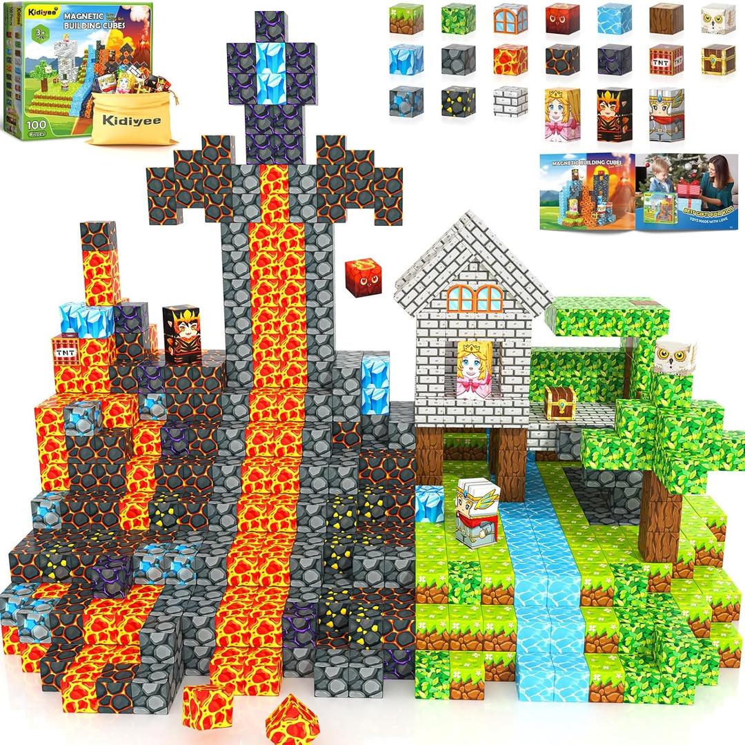 100PCS Magnetic Blocks Build Mine Magnet World Forest & Lava Set, Magnet Building Toys for Kids Ages 57, STEM Sensory Toddler Toys for 3+ Year Old Boys & Girls, Creativity Birthday Gifts for Child