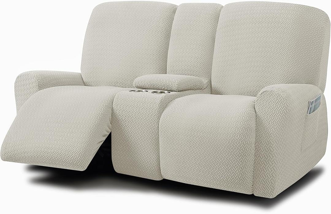 ULTICOR Jacquard Design Reclining Loveseat with Middle Console Slipcover, 8-Piece Stretch Sofa Covers, 2 seat Loveseat Recliner Cover, Washable (Style 3) (Ivory)