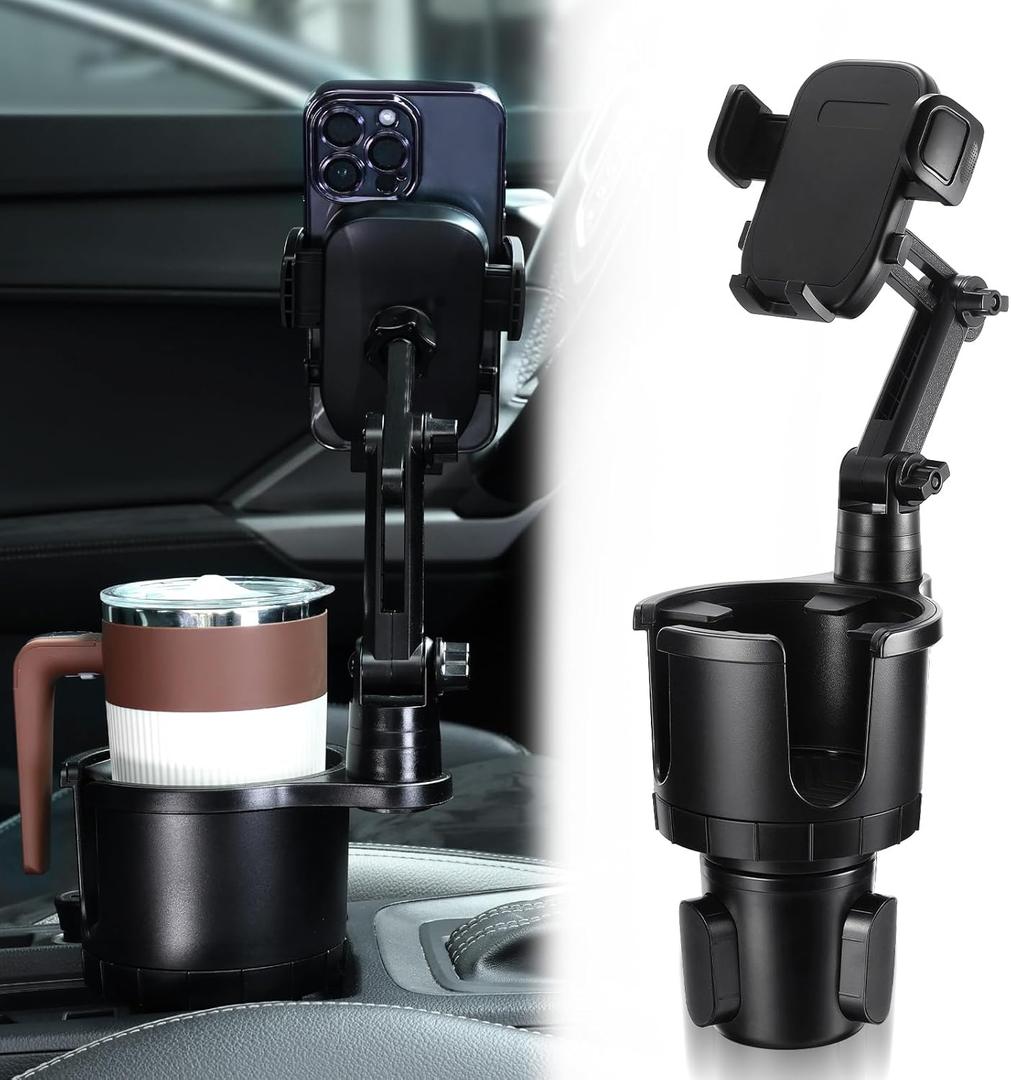 2 in 1 Phone Holder for Car with 360Rotation & Long Arm Cup Holder Cell Phone Holder for Car Compatible with 4-7 inches Smartphones