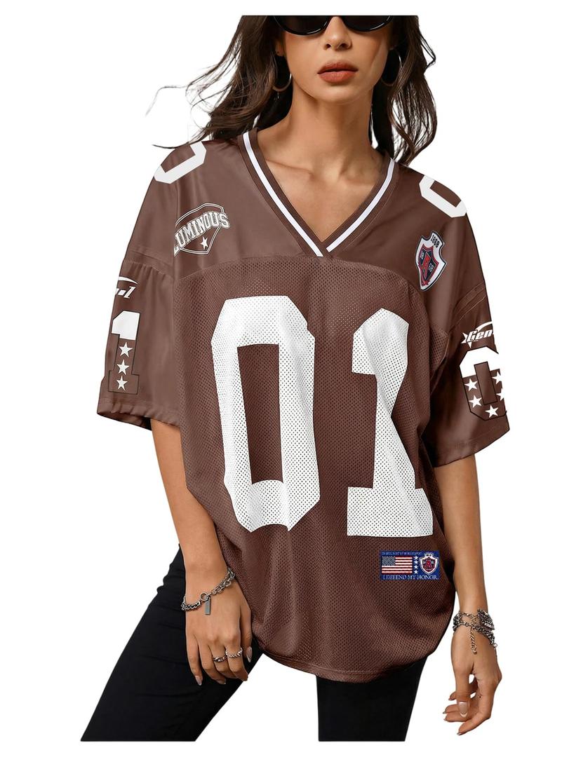 RoseSeek Women's Y2k Football Jersey Shirts V Neck Mesh Oversized Tshirts (Brown, M)