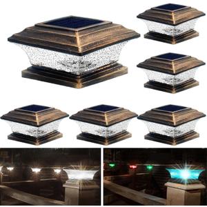 HUYIENO Solar Post Cap Lights Outdoor LED Lighting Deck Fence Two Modes Warm White/7 RGB Color Changing Suitable for 4x4 5x5 Wooden Brushed Copper 6pk. HUYIENO Solar Post Cap Lights Outdoor LED Lighting Deck Fence Two Modes Warm White/7 RGB Color Changing Suitable for 4x4 5x5 Wooden Brushed Copper 6pk.