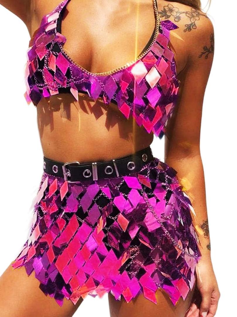 Aukmla Women Sequin Rave Outfits Dance Body Chain Skirt with Top Nightclub Outfit