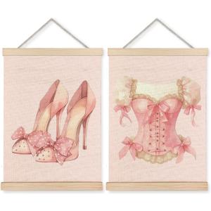 CIOJUNE Preppy Pink Bow High Heels Dress Girly Wall Art Poster Hanger Frame, Coquette Pink Canvas Prints Wall Art for Girls Bedroom Dorm Decor, Coquette Room Decor, 12x16 Inch Set of 2