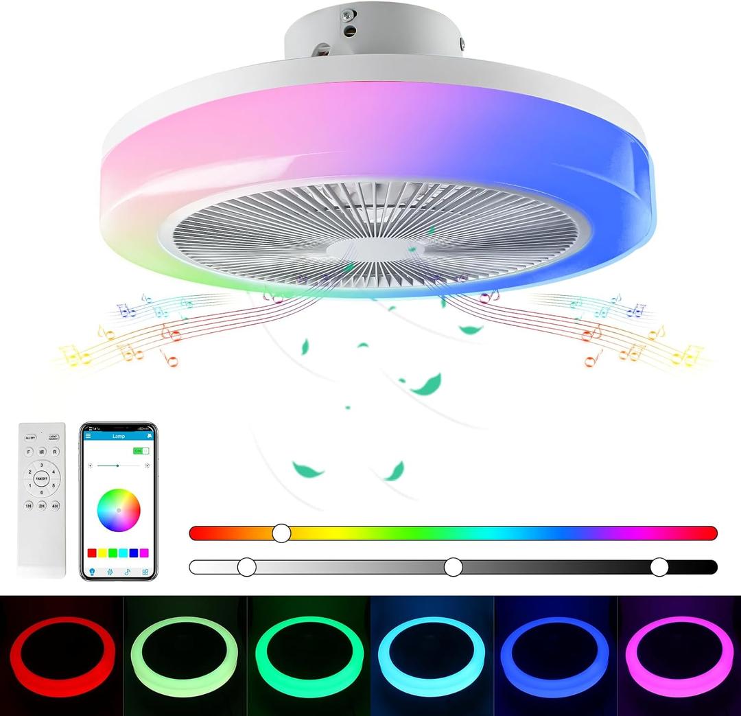 Lowprofile Ceiling Fans with Light & App 19.7" RGB LED Light with Enclosed Fans and Bluetooth 6 Speeds Flush Mount Reversible Bladeless LED Fan with Color Changing Lights for Kids Room