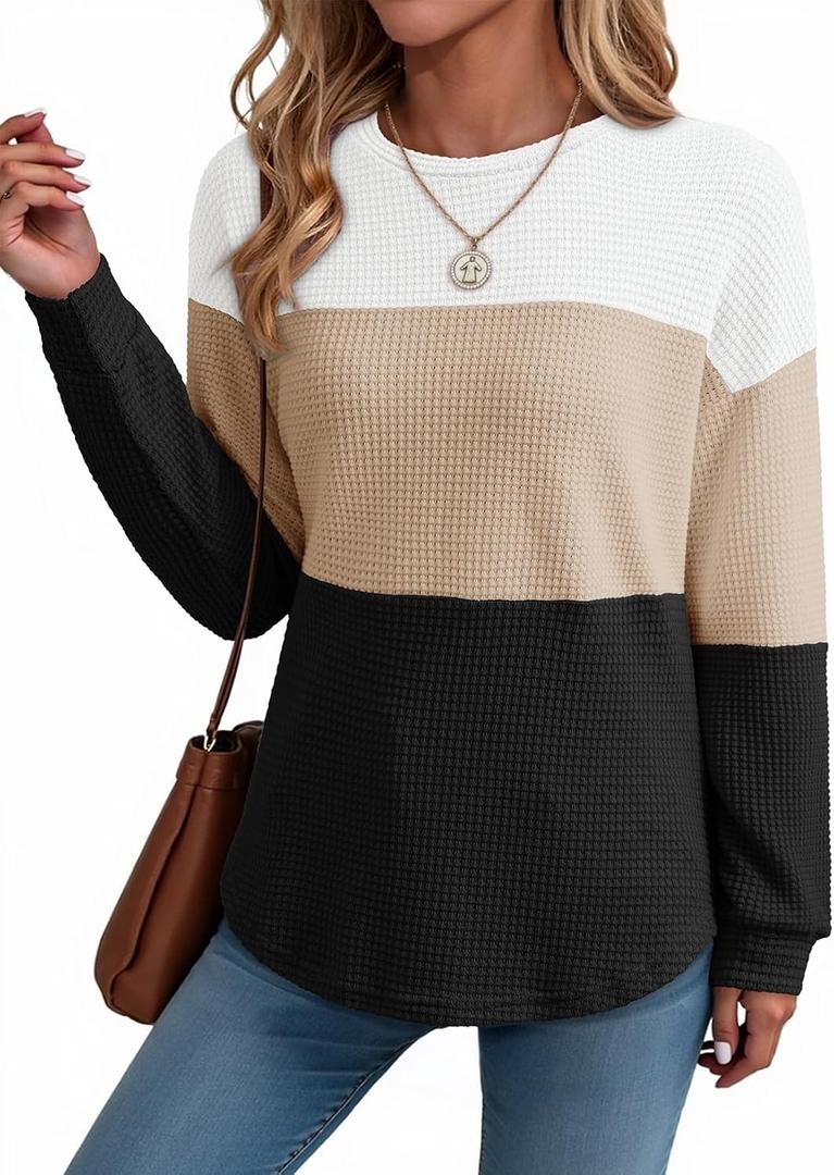 Dokotoo Womens Tops Casual Long Sleeve Waffle Knit Oversized Shirts Crewneck Color Block Pullover Sweatshirts (Blue, XL)