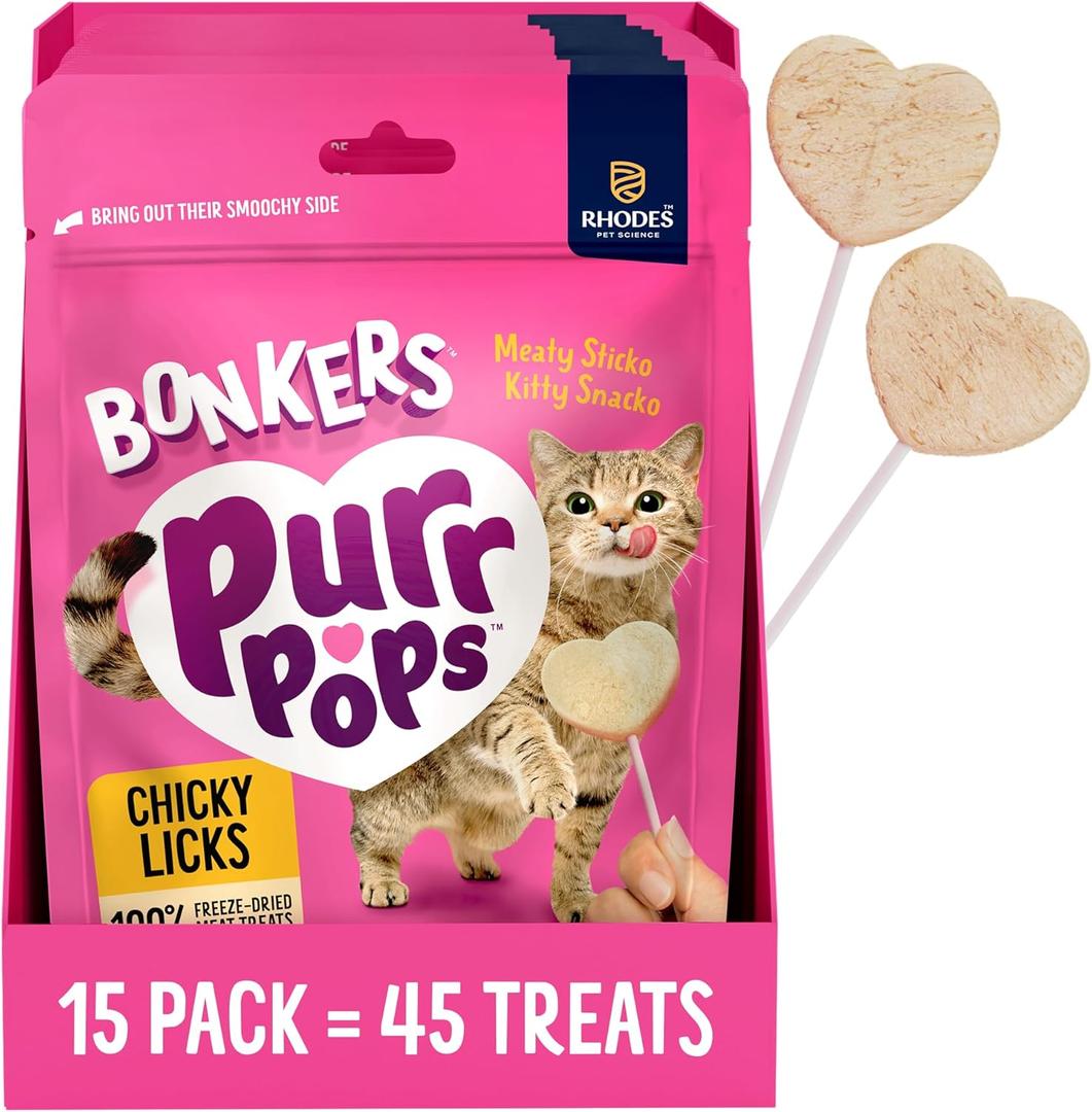 Bonkers Purrpops Freeze-Dried Chicken Flavored Lollipop Treats for Cats, 15 Pack