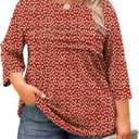 LOMON Plus Size Women Blouses 3/4 Length Sleeve Tops Crewneck Pleated Casual Tees Shirts 1X-5X (Red Daisy)