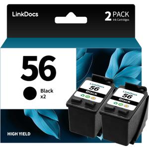 LinkDocs 56 Black Ink Cartridge Remanufactured Replacement for HP 56 C6656A 6656 Ink to use with OfficeJet 5610 6110 5510 4215 PhotoSmart 7660 7760 Printers (2 Black)