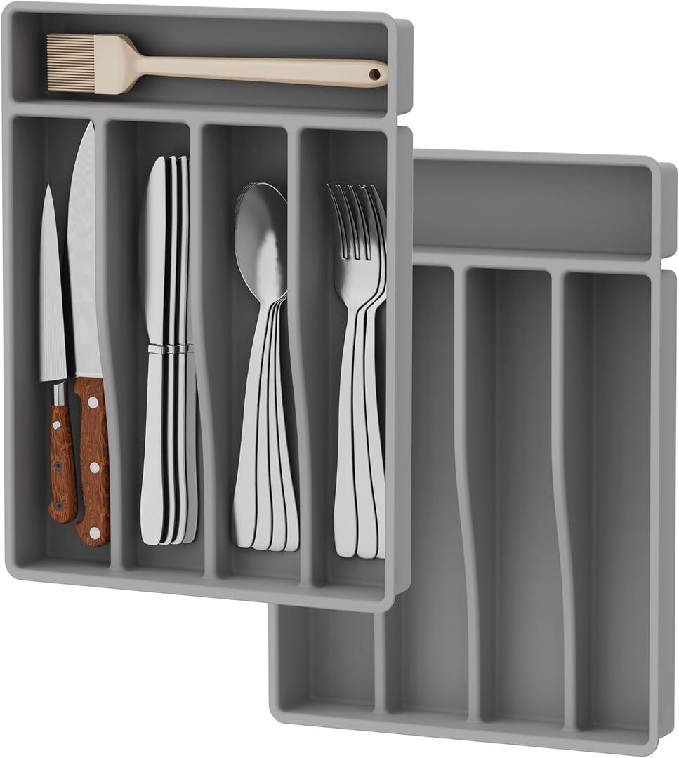2 Pack Silverware Drawer Organizer Set, Silicone Silverware Holder, Kitchen Utensil Drawer Organization and Storage, Ideal Flatware&Cutlery Organizer withnot BPA, Dishwasher Safe (Grey)