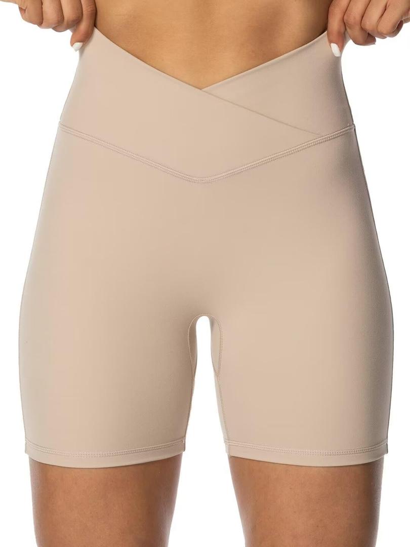 Sunzel Crossover Biker Shorts for Women, No Front Seam V High Waist Yoga Workout Gym Shorts with Tummy Control (Small, Beige)